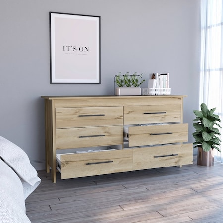 Tuhome Hms 6 Drawer Double Dresser, Four Legs, Superior Top, Light Oak/White CDB7667